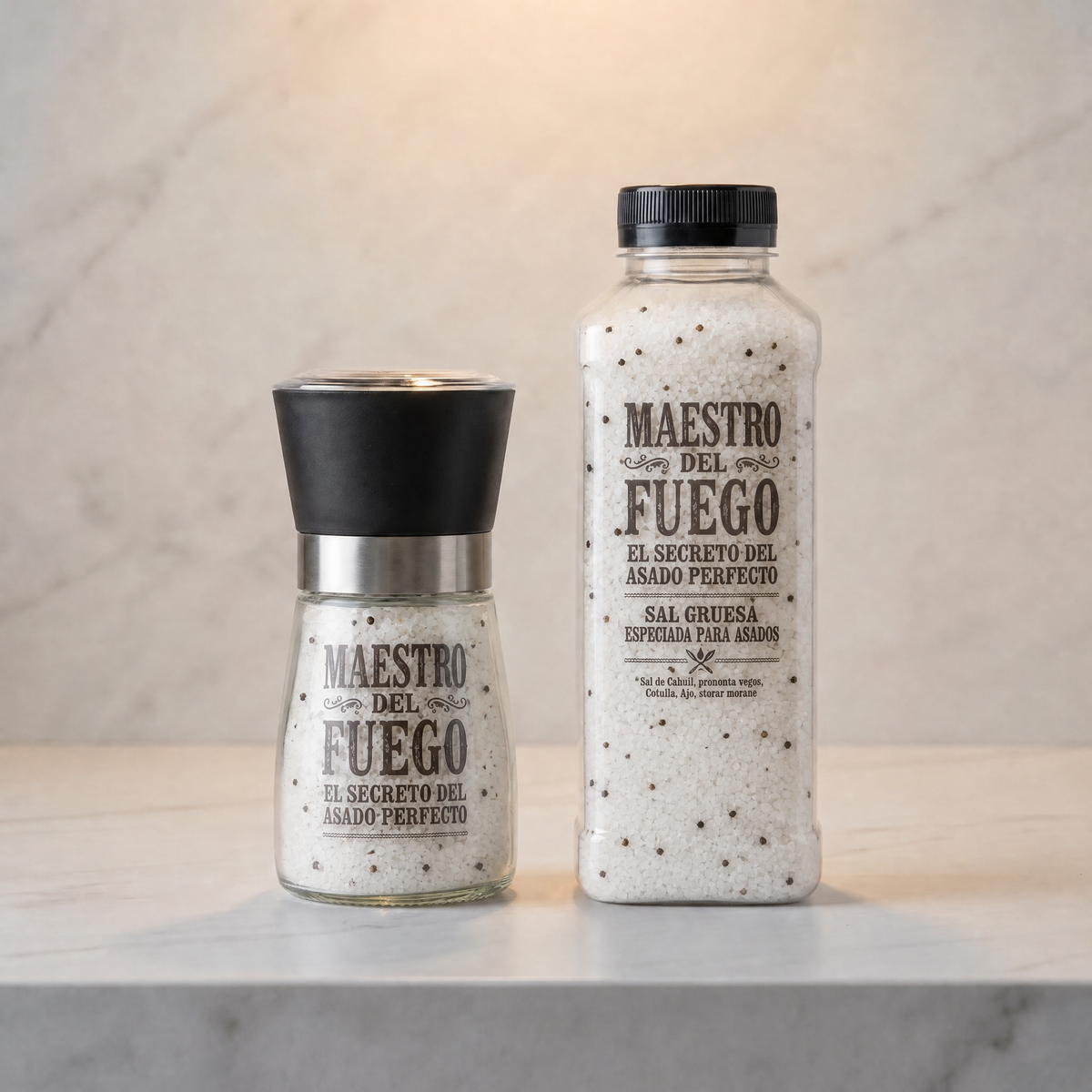 Sal de mar y pimienta premium, pack molinillo de mesa 150g + botella refill 450g | 20% dcto.