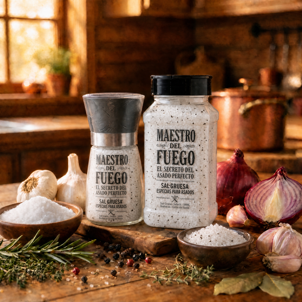 Sal de mar y pimienta premium, pack molinillo de mesa 150g + salero parrillero 450g | 20% dcto.