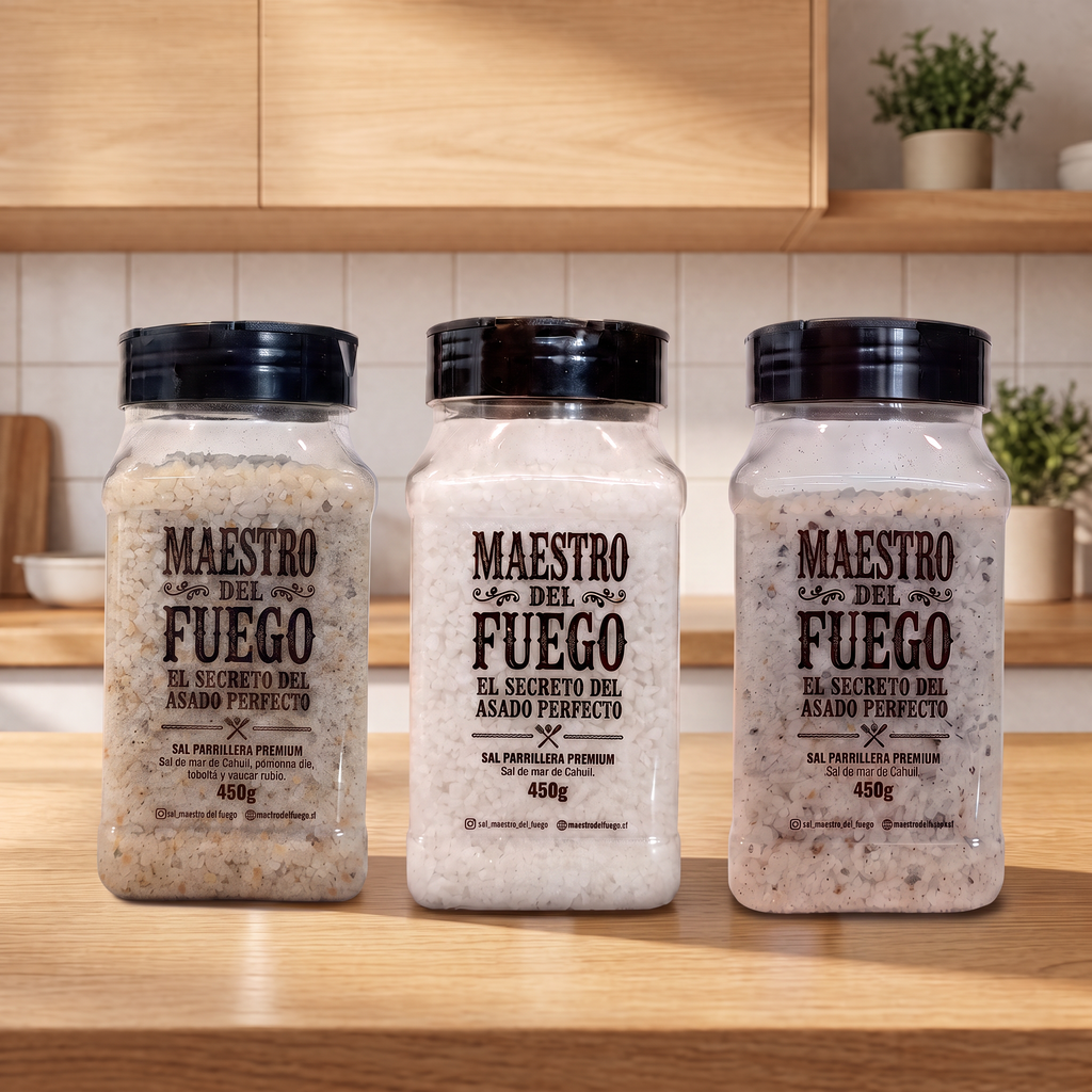 Pack 3 saleros 450g. Sal de mar, sal de mar especiada y sal de mar con pimienta | 20% dcto.