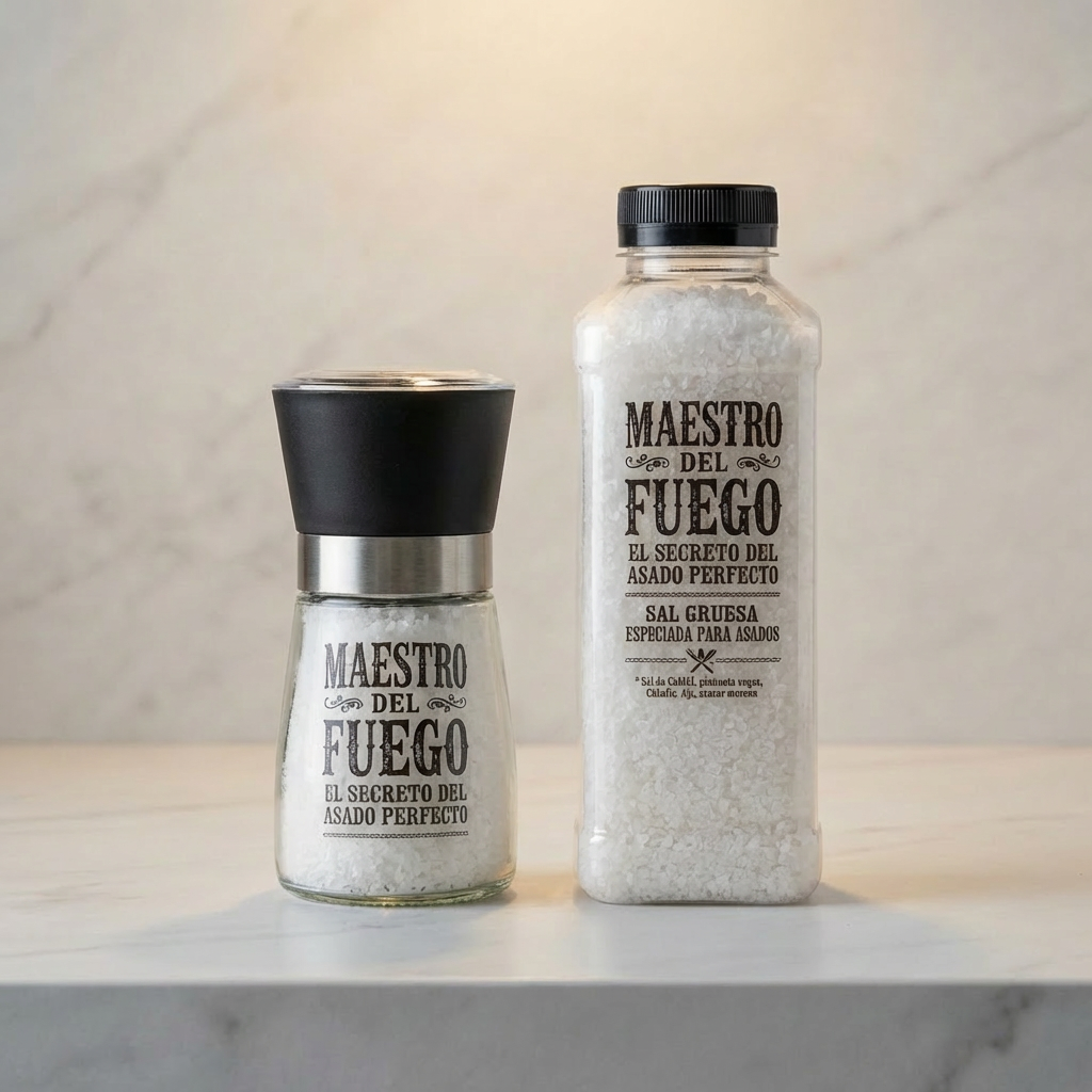 Sal de mar premium, pack molinillo 150g + botella parrillera 450g.